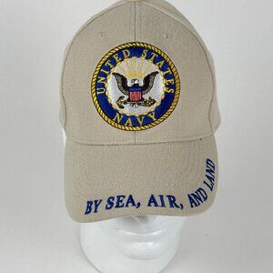 United States Navy By Sea Air And Land Adjustable Beige Hat W/ Embroidered Seal